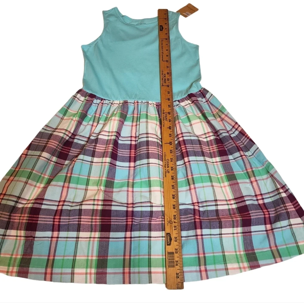 NWT Lands' End Dress 100% Cotton Sleeveless Blue Plaid Kids Youth Size‎ 14